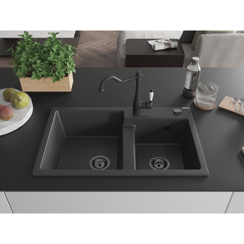 Mexen Tomas granite kitchen sink 2-bowl with kitchen faucet Carla, black speckled - 6516-76-670700-70-B