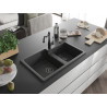 Mexen Tomas 2-bowl granite sink with Carla kitchen faucet, black speckled - 6516-76-670700-70-B