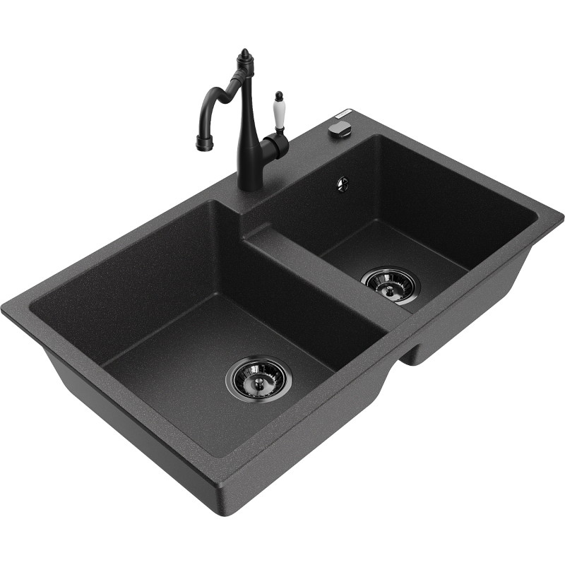 Mexen Tomas 2-bowl granite sink with Carla kitchen faucet, black speckled - 6516-76-670700-70-B
