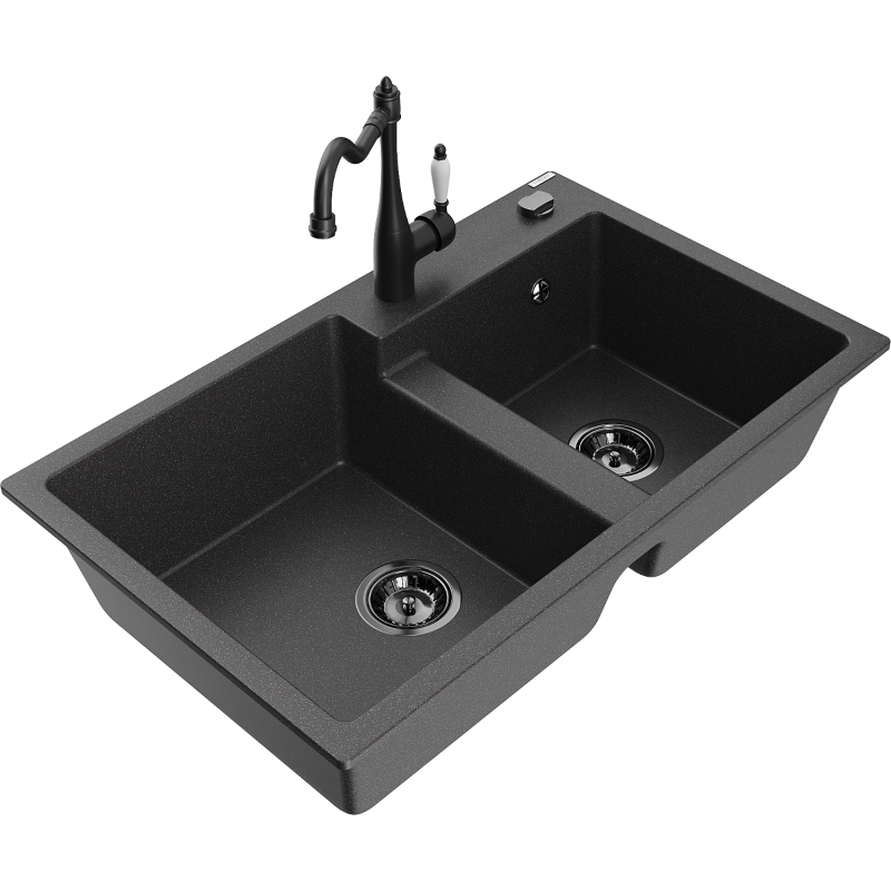 Mexen Tomas 2-compartment granite sink with a kitchen mixer tap Carla, spotted black - 6516-76-670700-70-B