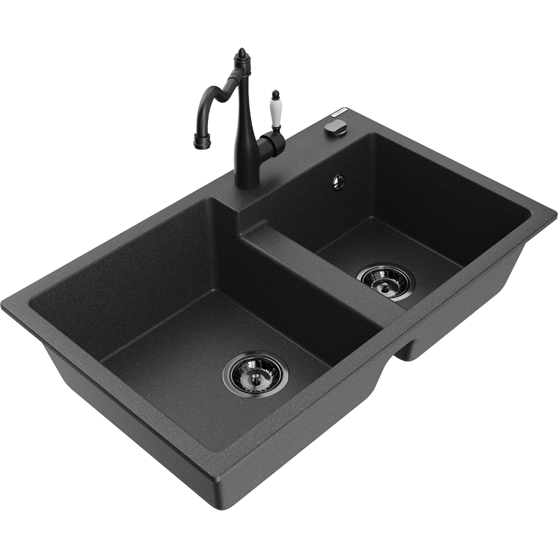 Mexen Tomas Granite Kitchen Sink 2-Bowl with Carla Faucet, Black Speckled - 6516-76-670700-70-B
