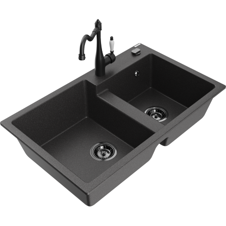 Mexen Tomas 2-bowl granite sink with Carla kitchen faucet, black speckled - 6516-76-670700-70-B