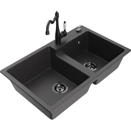 Mexen Tomas Granite Kitchen Sink 2-Bowl with Carla Faucet, Black Speckled - 6516-76-670700-70-B