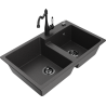 Mexen Tomas 2-bowl granite sink with Carla kitchen faucet, black speckled - 6516-76-670700-70-B