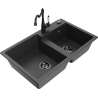 Mexen Tomas granite kitchen sink 2-bowl with kitchen faucet Carla, black speckled - 6516-76-670700-70-B