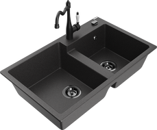Mexen Tomas Granite Kitchen Sink 2-Bowl with Carla Faucet, Black Speckled - 6516-76-670700-70-B