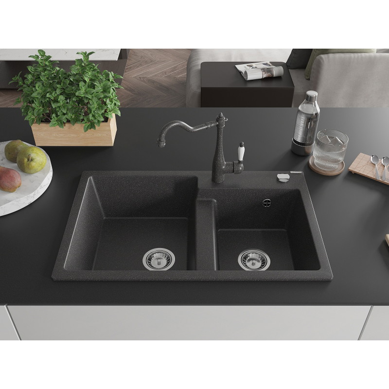 Mexen Tomas granite kitchen sink 2-bowl with Carla kitchen faucet, black speckled - 6516-76-670700-76