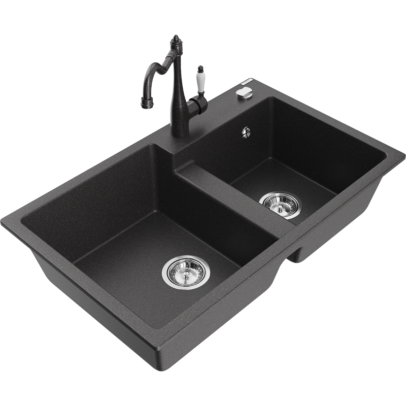 Mexen Tomas 2-compartment granite sink with a kitchen mixer tap Carla, spotted black - 6516-76-670700-76