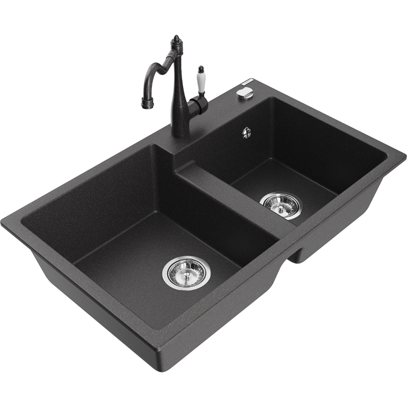 Mexen Tomas granite kitchen sink 2-bowl with Carla kitchen tap, black speckled - 6516-76-670700-76