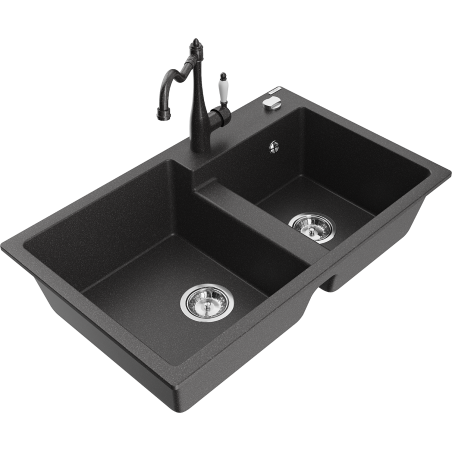 Mexen Tomas granite double-bowl kitchen sink with Carla kitchen faucet, speckled black - 6516-76-670700-76
