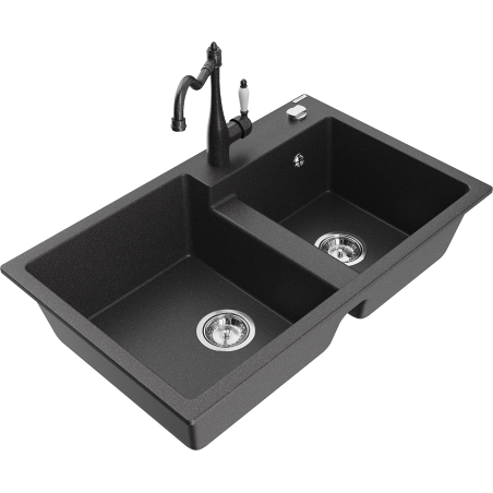 Mexen Tomas granite kitchen sink 2-bowl with Carla kitchen faucet, black speckled - 6516-76-670700-76