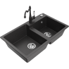 Mexen Tomas granite double-bowl kitchen sink with Carla kitchen faucet, speckled black - 6516-76-670700-76