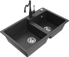 Mexen Tomas granite double-bowl kitchen sink with Carla kitchen faucet, speckled black - 6516-76-670700-76