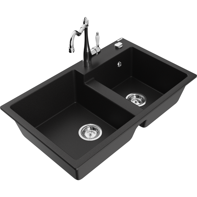 Mexen Tomas 2-compartment granite sink with a kitchen mixer tap Carla, Black - 6516-77-670700-00