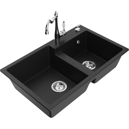 Mexen Tomas granite double-bowl kitchen sink with Carla kitchen faucet, black - 6516-77-670700-00