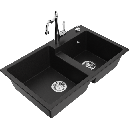 Mexen Tomas granite sink 2-bowl with kitchen faucet Carla, black - 6516-77-670700-00