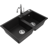 Mexen Tomas granite double-bowl kitchen sink with Carla kitchen faucet, black - 6516-77-670700-00