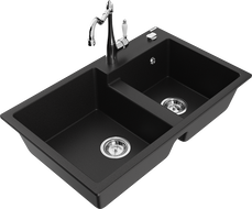 Mexen Tomas granite sink 2-bowl with Carla kitchen tap, black - 6516-77-670700-00