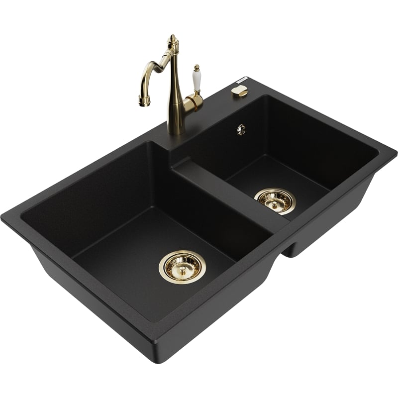 Mexen Tomas 2-chamber granite sink with kitchen faucet Carla, black - 6516-77-670700-50
