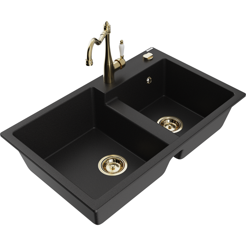 Mexen Tomas 2-compartment granite sink with a kitchen mixer tap Carla, Black - 6516-77-670700-50