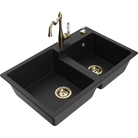 Mexen Tomas granite kitchen sink 2-chamber with Carla kitchen faucet, black - 6516-77-670700-50
