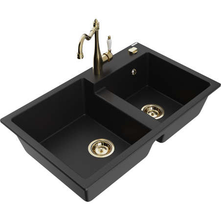 Mexen Tomas granite sink 2-bowl with Carla kitchen tap, black - 6516-77-670700-50