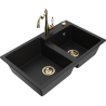 Mexen Tomas granite sink 2-bowl with Carla kitchen tap, black - 6516-77-670700-50