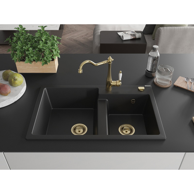Mexen Tomas granite kitchen sink 2-chamber with Carla kitchen faucet, black - 6516-77-670700-50