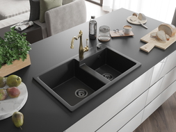 Mexen Tomas 2-compartment granite sink with Carla kitchen faucet, black - 6516-77-670700-50-B