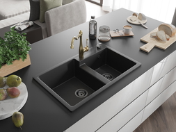 Mexen Tomas granite sink 2-chamber with Carla kitchen tap, black - 6516-77-670700-50-B