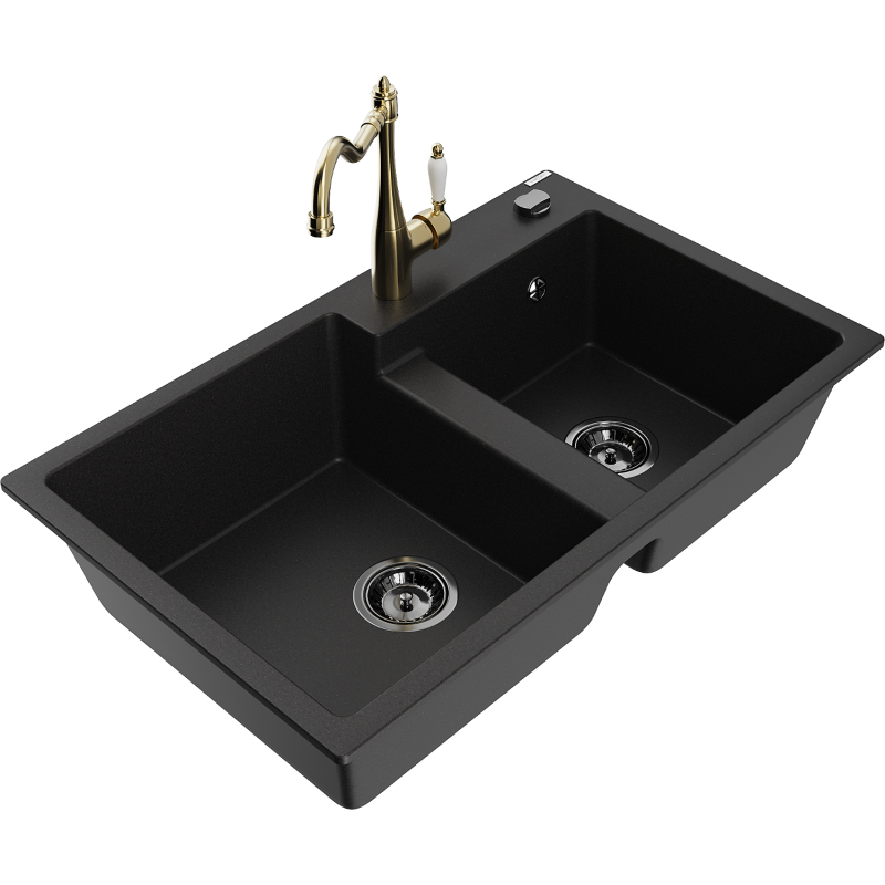 Mexen Tomas 2-compartment granite sink with a kitchen mixer tap Carla, Black - 6516-77-670700-50-B