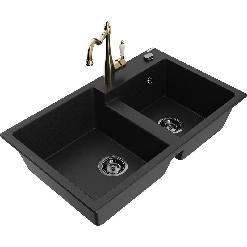 Mexen Tomas granite kitchen sink 2-bowl with Carla kitchen faucet, black - 6516-77-670700-50-B