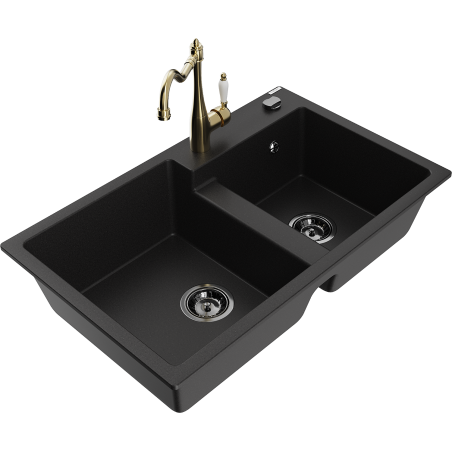 Mexen Tomas granite kitchen sink 2-bowl with Carla kitchen faucet, black - 6516-77-670700-50-B