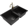 Mexen Tomas granite kitchen sink 2-bowl with Carla kitchen faucet, black - 6516-77-670700-50-B
