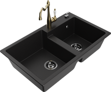 Mexen Tomas 2-compartment granite sink with Carla kitchen faucet, black - 6516-77-670700-50-B