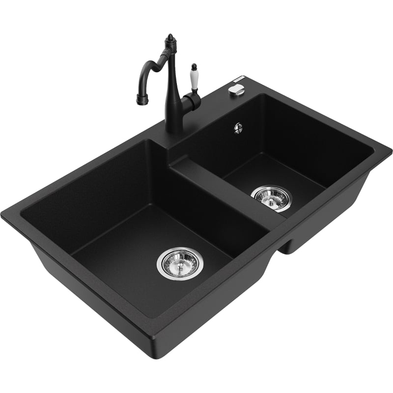 Mexen Tomas 2-Bowl Granite Sink with Kitchen Faucet Carla, Black - 6516-77-670700-70