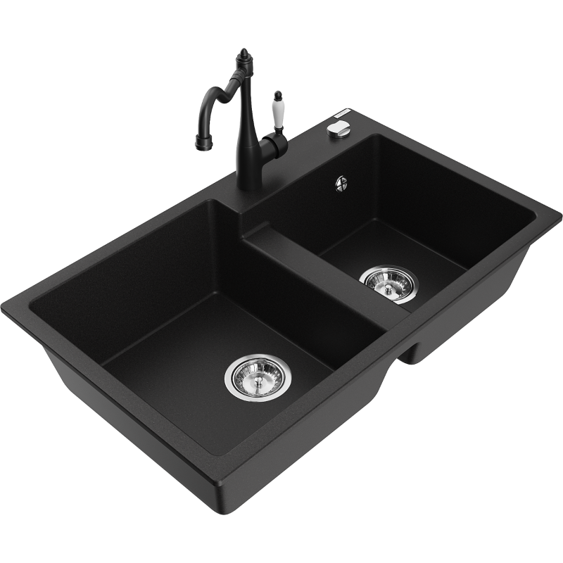 Mexen Tomas 2-compartment granite sink with a kitchen mixer tap Carla, Black - 6516-77-670700-70