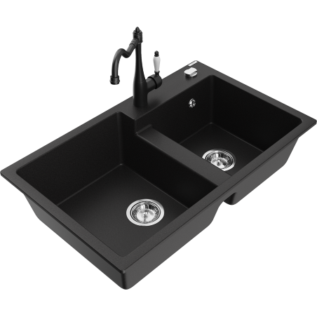 Mexen Tomas 2-Bowl Granite Sink with Kitchen Faucet Carla, Black - 6516-77-670700-70