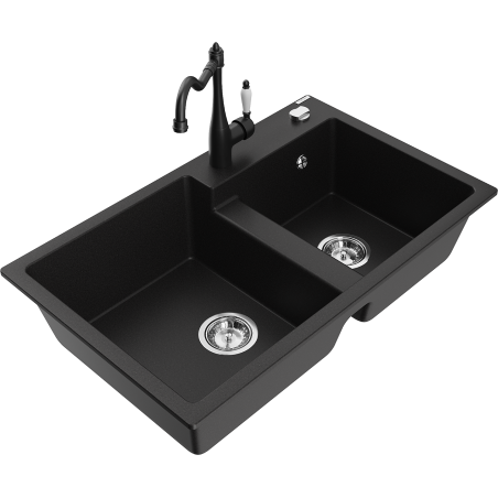 Mexen Tomas granite sink 2-bowl with Carla kitchen tap, black - 6516-77-670700-70