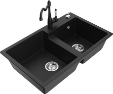Mexen Tomas granite double-bowl kitchen sink with Carla faucet, black - 6516-77-670700-70