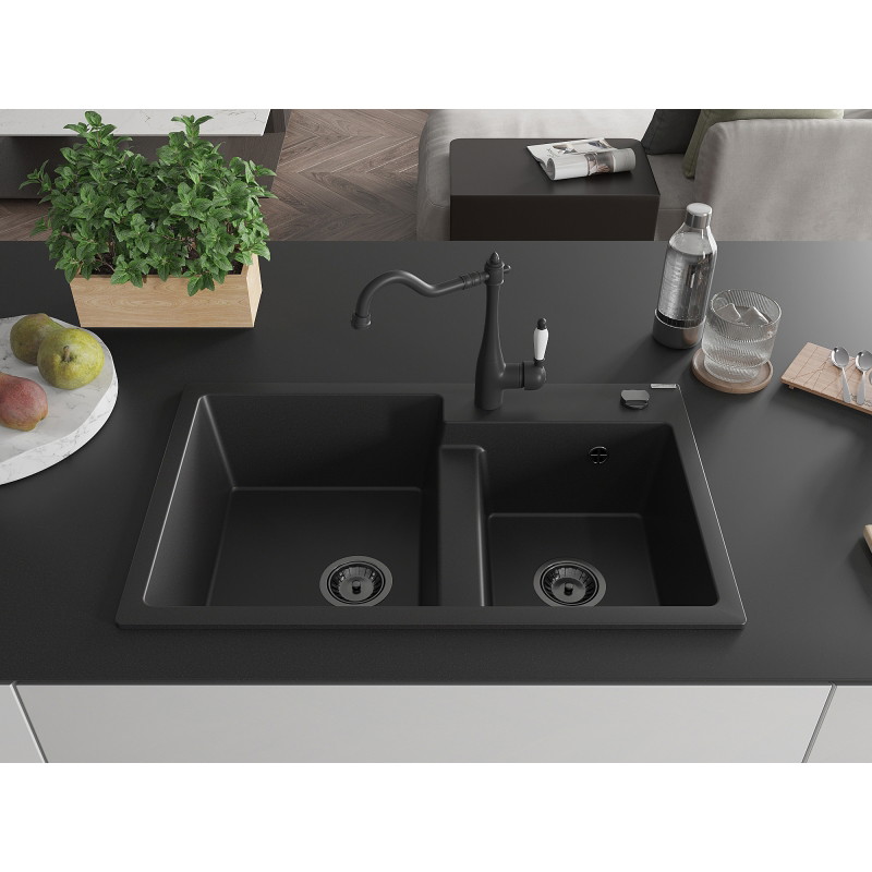 Mexen Tomas granite double-bowl kitchen sink with faucet Carla, black - 6516-77-670700-70-B