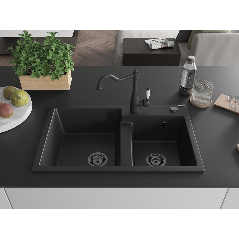 Mexen Tomas granite double-bowl sink with Carla kitchen faucet, black - 6516-77-670700-70-B