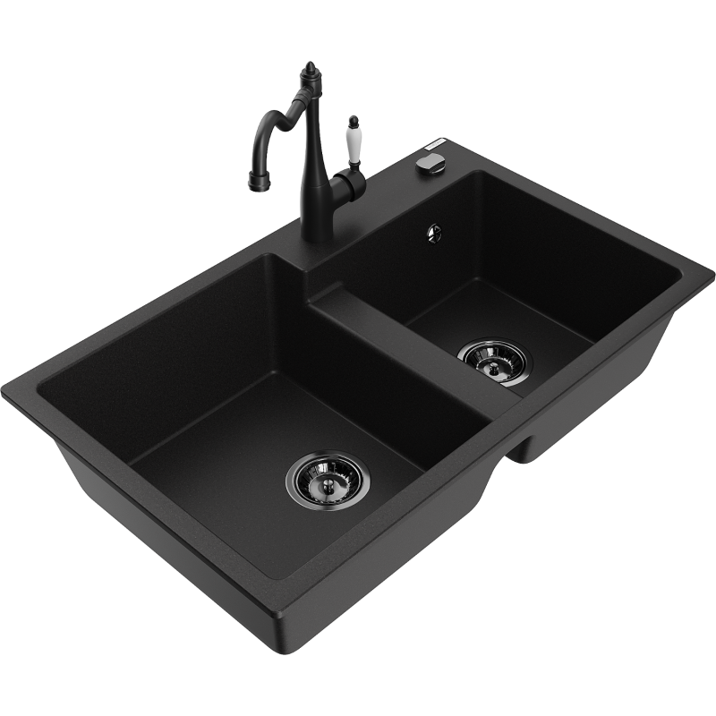 Mexen Tomas 2-compartment granite sink with a kitchen mixer tap Carla, Black - 6516-77-670700-70-B