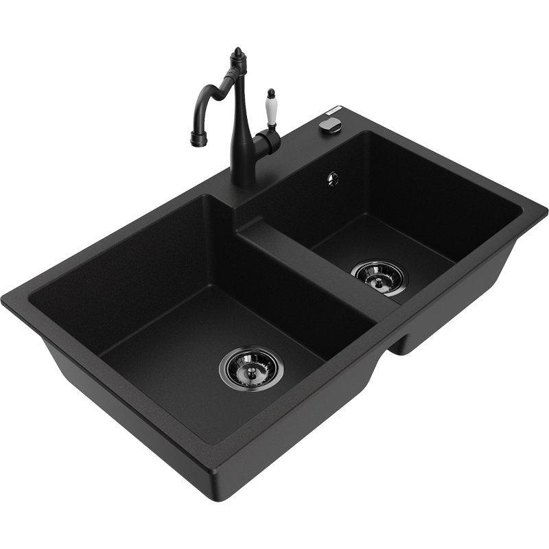 Mexen Tomas granite kitchen sink with 2 bowls and Carla kitchen tap, black - 6516-77-670700-70-B