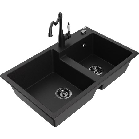 Mexen Tomas granite double-bowl sink with Carla kitchen faucet, black - 6516-77-670700-70-B