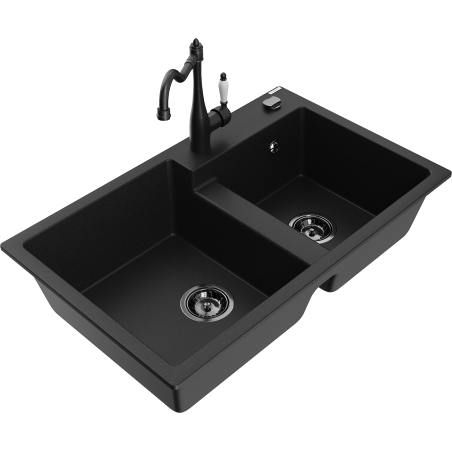 Mexen Tomas granite kitchen sink with 2 bowls and Carla kitchen tap, black - 6516-77-670700-70-B