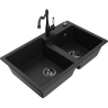 Mexen Tomas granite double-bowl sink with Carla kitchen faucet, black - 6516-77-670700-70-B