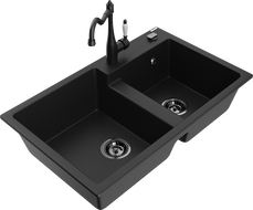 Mexen Tomas granite double-bowl sink with Carla kitchen faucet, black - 6516-77-670700-70-B