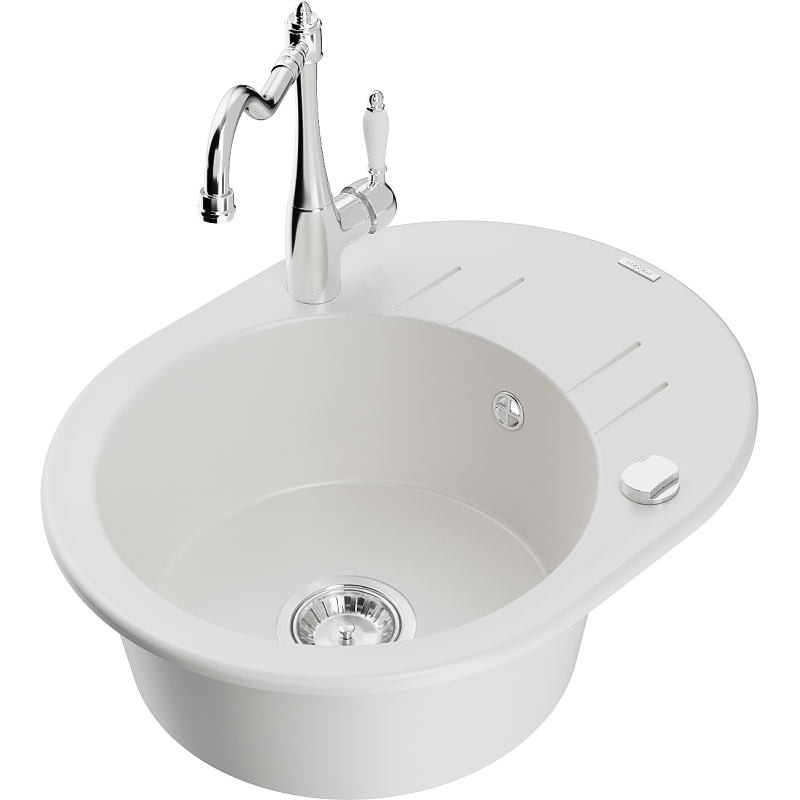 Mexen Kevin granite sink 1-bowl with drainer and Carla kitchen tap, white - 6517-20-670700-00