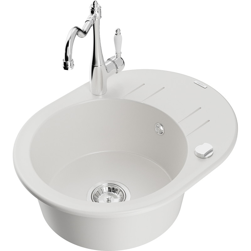 Mexen Kevin granite sink 1-bowl with drainer and kitchen faucet Carla, white - 6517-20-670700-00